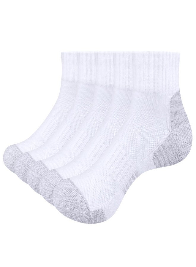 YUEDGE Womens White Athletic Quarter Socks Moisture Wicking Cushioned Running Socks Anti-Odor Cotton High Ankle Socks For Women, Size 9-12, 5 Pairs/Pack - Image 1