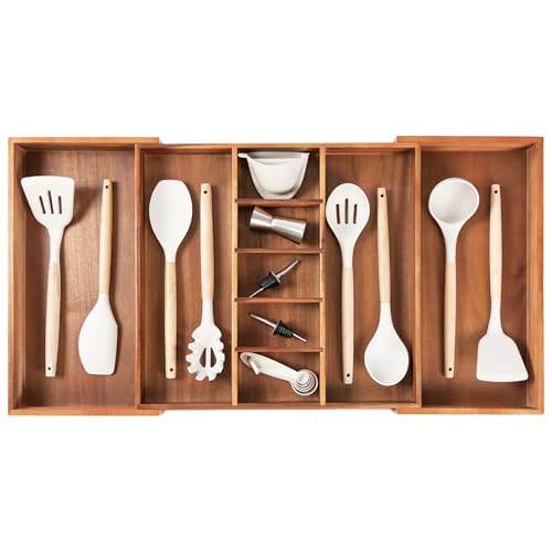 KitchenEdge Adjustable Kitchen Drawer Organizer for Utensils and Junk FoodSafe Contract Grade with 100 Sustainable Wood NonSlip Expandable from 185 to 33 Inches Wide Natural Acacia
