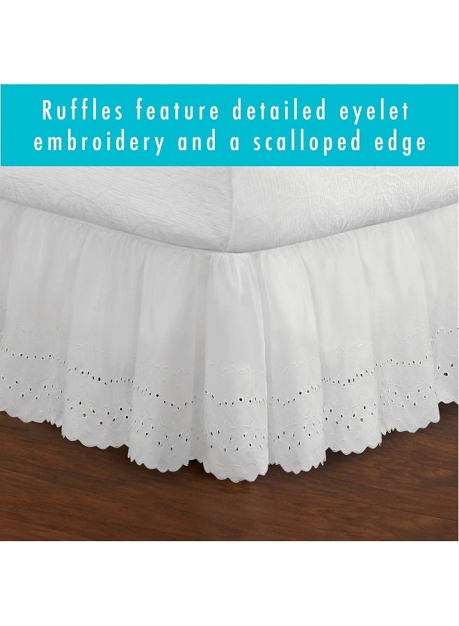 Fresh Ideas Eyelet Bed Skirt Dust Ruffle Embroidered Details, Classic 14” Drop Length Gathered Styling, Twin, White  - Image 4