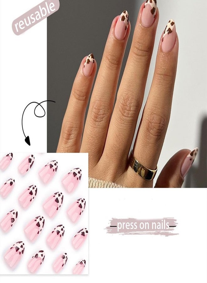 HJKDSFD 24Pcs Short Press on Nails Cute Almond Fake Nails Cow Pattern Design French Tip Acrylic Glue on Nails Natural Full Cover False Nails Artificial Glossy Stick on Nails for Women Girls - Image 2