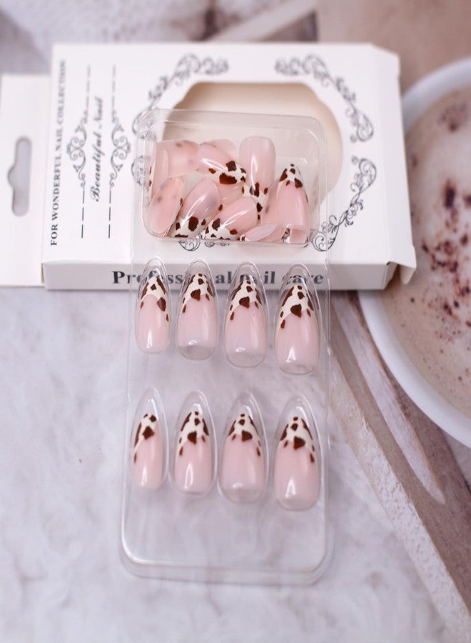HJKDSFD 24Pcs Short Press on Nails Cute Almond Fake Nails Cow Pattern Design French Tip Acrylic Glue on Nails Natural Full Cover False Nails Artificial Glossy Stick on Nails for Women Girls - Image 4