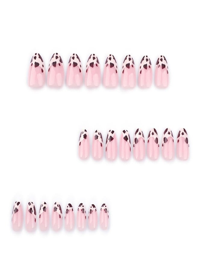 HJKDSFD 24Pcs Short Press on Nails Cute Almond Fake Nails Cow Pattern Design French Tip Acrylic Glue on Nails Natural Full Cover False Nails Artificial Glossy Stick on Nails for Women Girls - Image 5