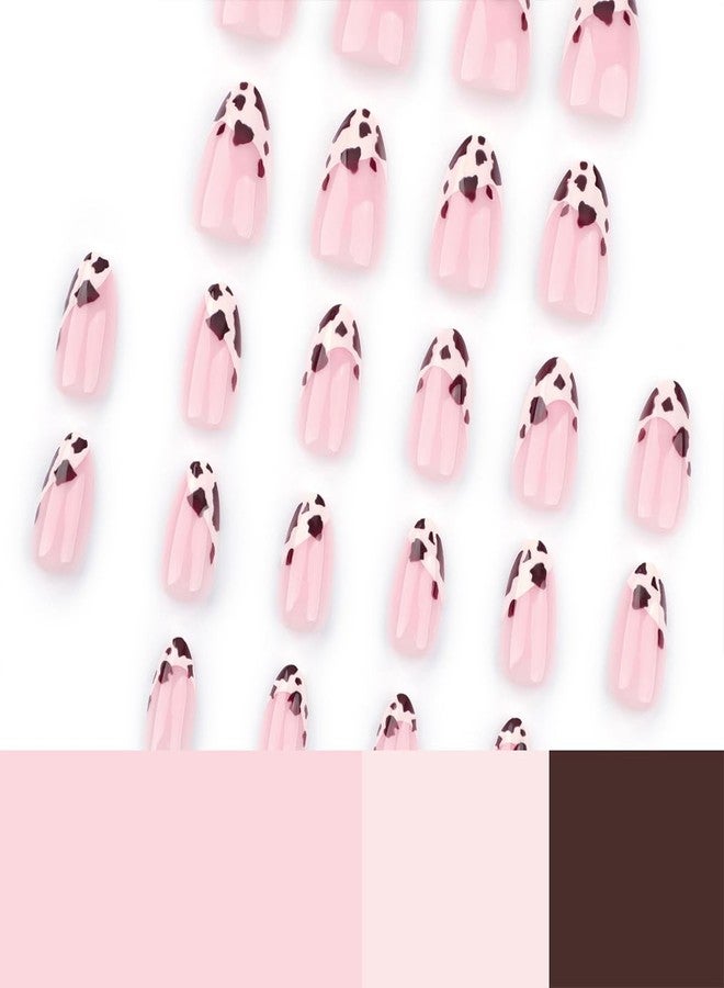 HJKDSFD 24Pcs Short Press on Nails Cute Almond Fake Nails Cow Pattern Design French Tip Acrylic Glue on Nails Natural Full Cover False Nails Artificial Glossy Stick on Nails for Women Girls - Image 3