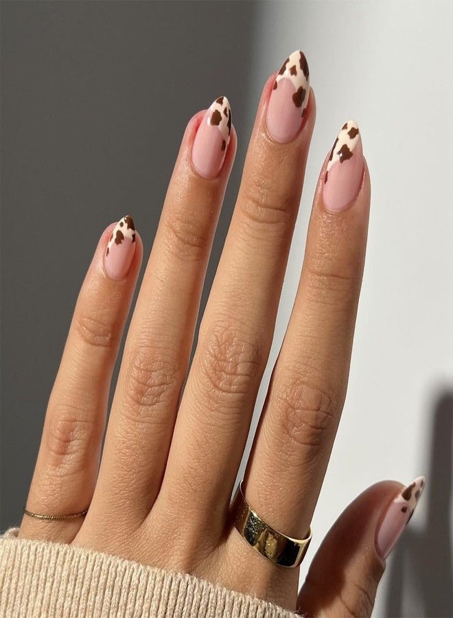 HJKDSFD 24Pcs Short Press on Nails Cute Almond Fake Nails Cow Pattern Design French Tip Acrylic Glue on Nails Natural Full Cover False Nails Artificial Glossy Stick on Nails for Women Girls - Image 1