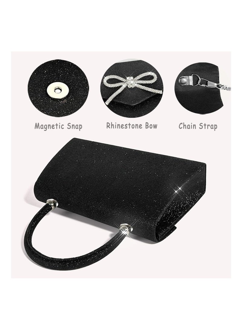 SYOSI Womens Evening Bag Sparkly Bow Clutch Purse Wedding Party Purses Glitter Rhinestone Prom Handbags Sparkling Powder Banquet Chain Crossbody Black  - Image 5