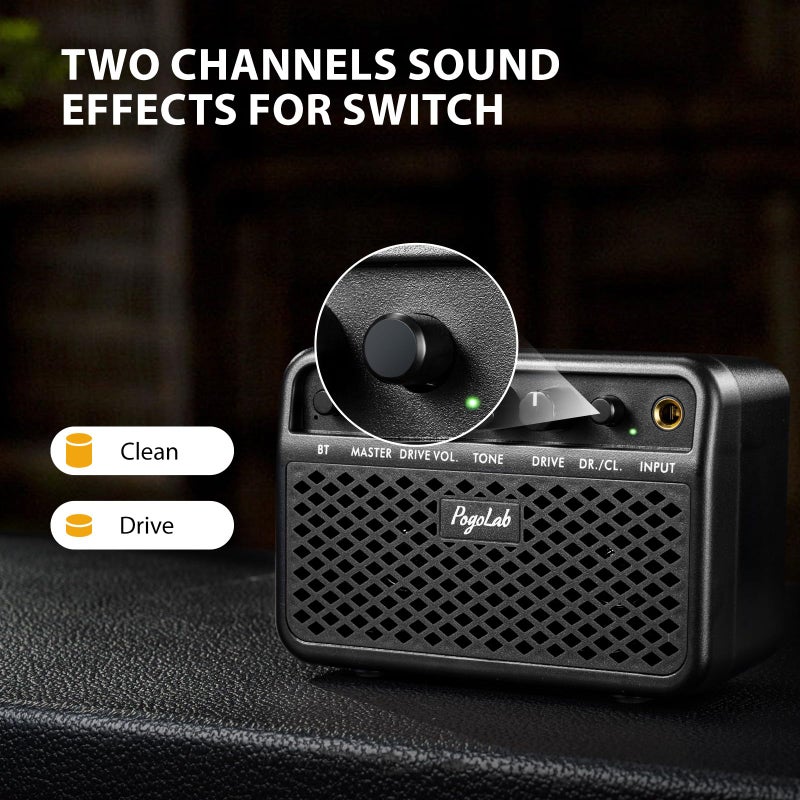 POGOLAB Mini Guitar Amp, 5W Small Portable Electric Guitar Amplifier, Clean & Drive Effects 2 Channels, Rechargeable Bluetooth Speaker with Headphone Jack, for Daily Practice (Black) - Image 3