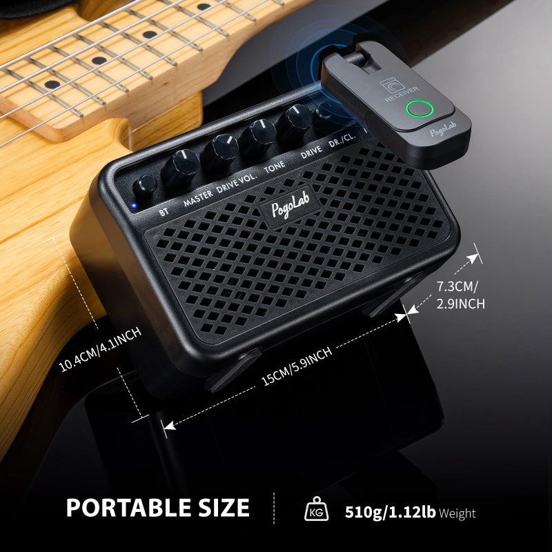 POGOLAB Mini Guitar Amp, 5W Small Portable Electric Guitar Amplifier, Clean & Drive Effects 2 Channels, Rechargeable Bluetooth Speaker with Headphone Jack, for Daily Practice (Black) - Image 5