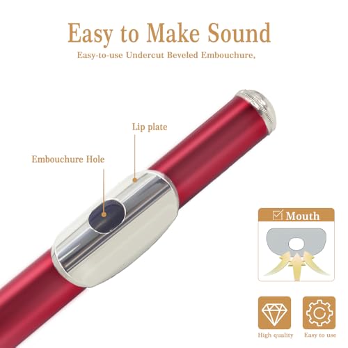 YANASON Red C Flute Closed Hole 16 Keys Flute Nickel-Plated for Beginner, Student and Professionals with Carrying case, Metal stand, Gloves, Tuning Rod, Cleaning kit(Red) - Image 5