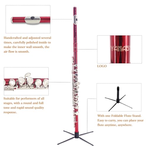 YANASON Red C Flute Closed Hole 16 Keys Flute Nickel-Plated for Beginner, Student and Professionals with Carrying case, Metal stand, Gloves, Tuning Rod, Cleaning kit(Red) - Image 4