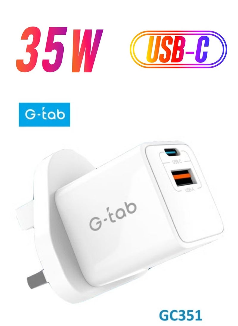 G-Tab 35W GaN Fast Charging Wall Charger with Dual USB-C and USB-A Ports – Ideal for Mobiles, Tablets, and Earbuds – Compact, High-Efficiency Charging Solution - Image 1