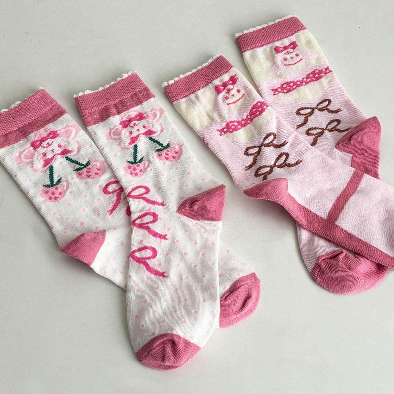 Lolita Girls Cute Bow Printed Cotton Knee-High Socks - Image 1
