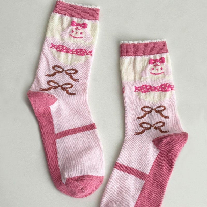 Lolita Girls Cute Bow Printed Cotton Knee-High Socks - Image 4
