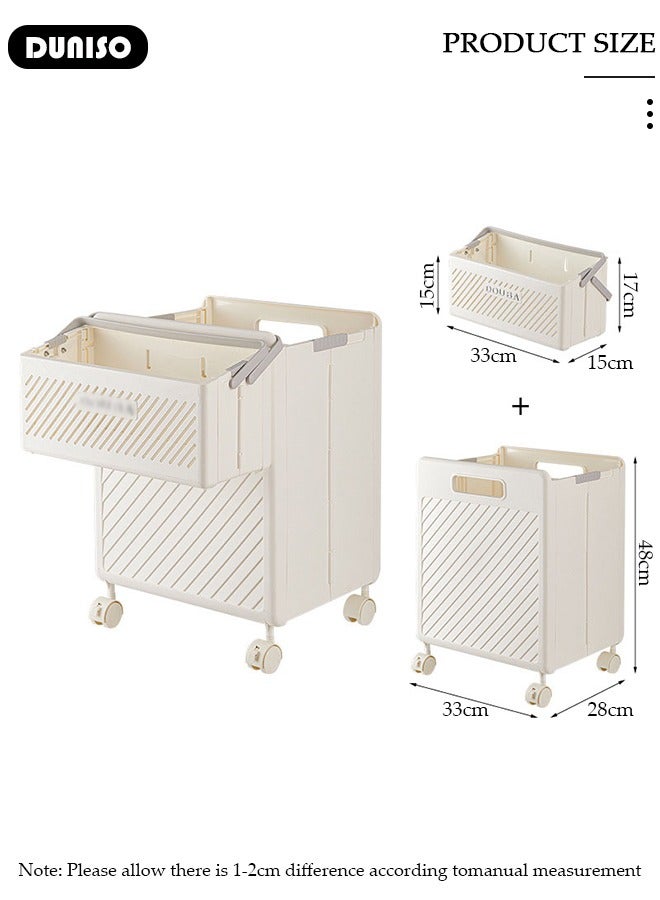 DUNISO Foldable Laundry Hamper,Rolling Laundry Basket,Foldable Laundry Hamper With Wheels,2 section Collapsible Laundry Basket Dorm Room Storage for Bedroom, Bathroom, College,Laundry Organizer and Storage Basket,Beige  - Image 2