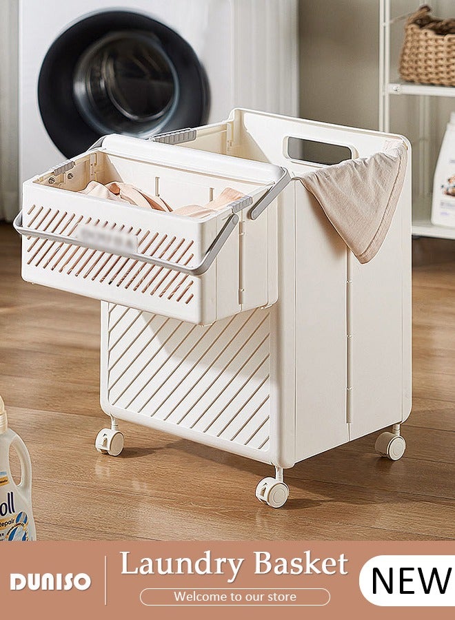 DUNISO Foldable Laundry Hamper,Rolling Laundry Basket,Foldable Laundry Hamper With Wheels,2 section Collapsible Laundry Basket Dorm Room Storage for Bedroom, Bathroom, College,Laundry Organizer and Storage Basket,Beige  - Image 1