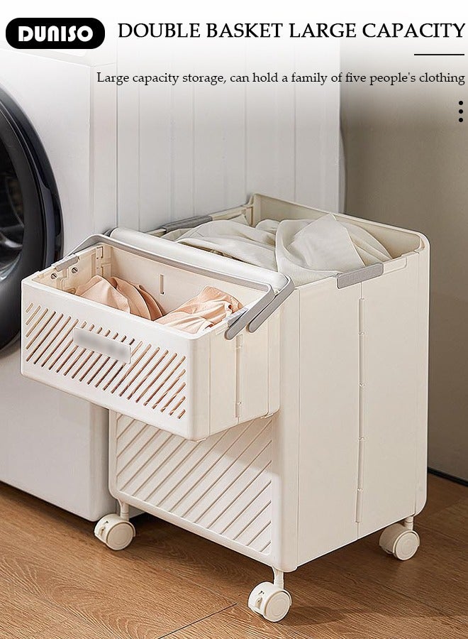 DUNISO Foldable Laundry Hamper,Rolling Laundry Basket,Foldable Laundry Hamper With Wheels,2 section Collapsible Laundry Basket Dorm Room Storage for Bedroom, Bathroom, College,Laundry Organizer and Storage Basket,Beige  - Image 4