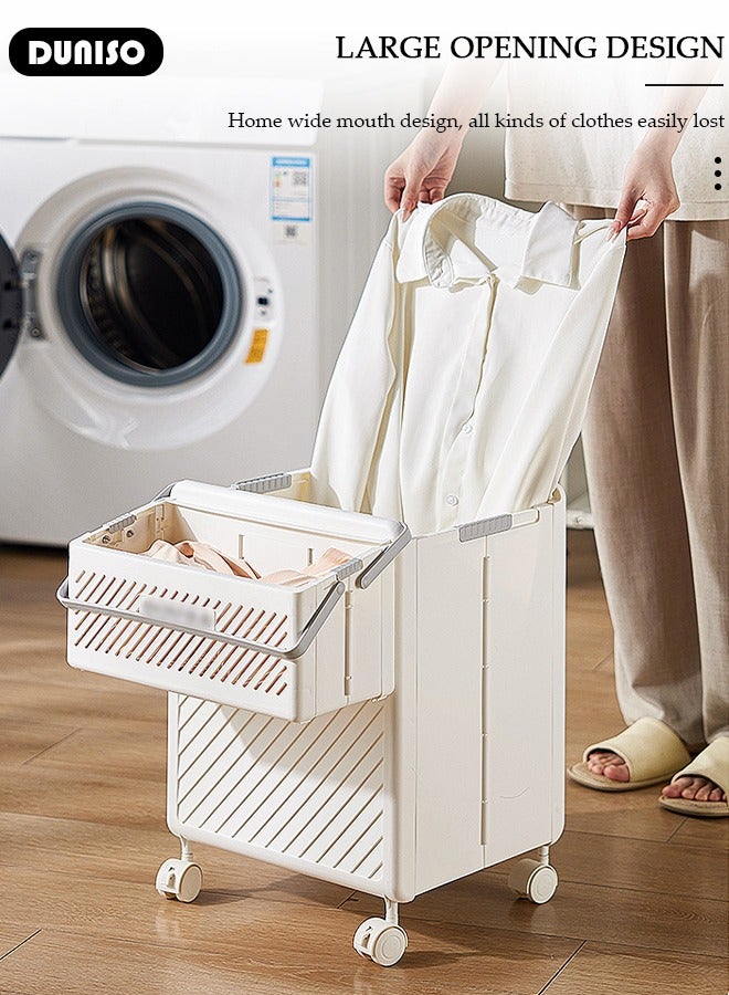 DUNISO Foldable Laundry Hamper,Rolling Laundry Basket,Foldable Laundry Hamper With Wheels,2 section Collapsible Laundry Basket Dorm Room Storage for Bedroom, Bathroom, College,Laundry Organizer and Storage Basket,Beige  - Image 5