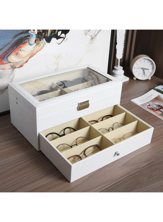 MyGift MyGift Deluxe White Wood Sunglasses Organizer, Eyewear Display Box, 2 Layer Storage Case with Glass Lid and Leatherette Trim, Holds up to 12 Pairs of Glasses  - Image 1