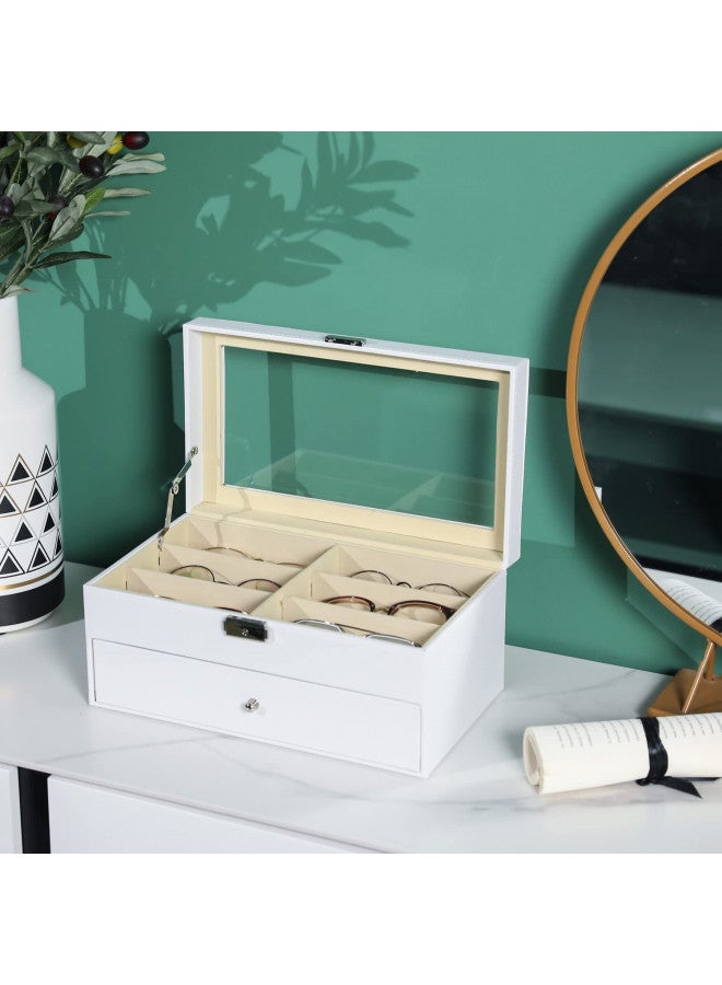 MyGift MyGift Deluxe White Wood Sunglasses Organizer, Eyewear Display Box, 2 Layer Storage Case with Glass Lid and Leatherette Trim, Holds up to 12 Pairs of Glasses  - Image 2