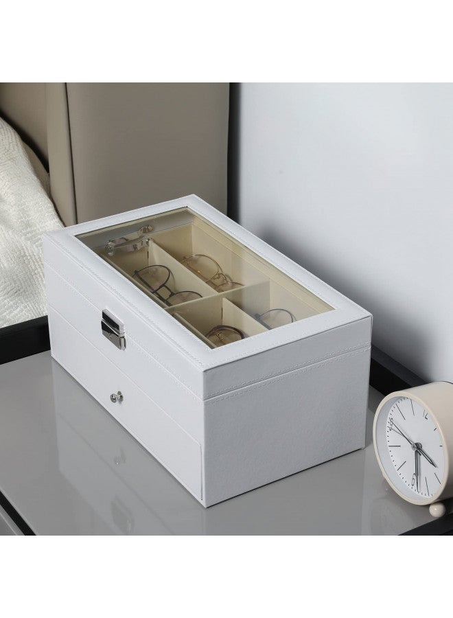 MyGift MyGift Deluxe White Wood Sunglasses Organizer, Eyewear Display Box, 2 Layer Storage Case with Glass Lid and Leatherette Trim, Holds up to 12 Pairs of Glasses  - Image 3