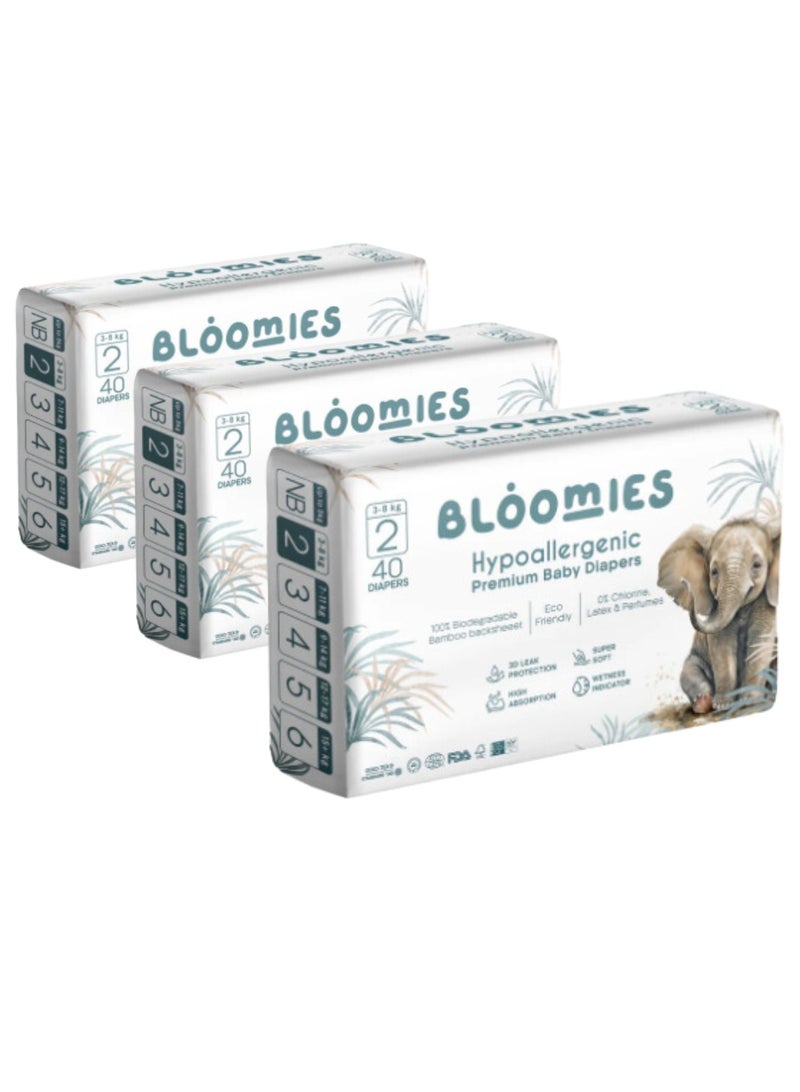 Bloomies Organic Bamboo Baby Diapers Size 2 (3-8kg baby) 120pcs (40X3) Bundle| Eco-friendly, Hypoallergenic, Non-toxic, Breathable Nappies  - Image 1