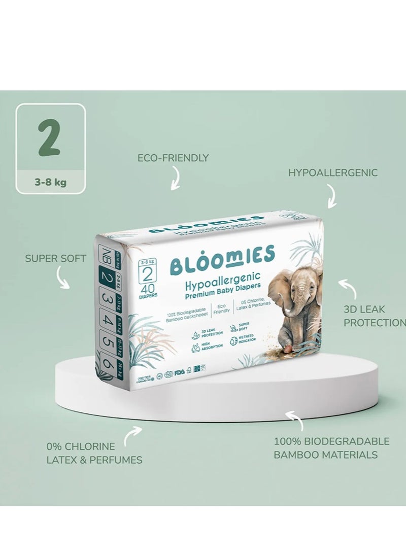 Bloomies - Organic Bamboo Baby Diapers Size 2 (3-8kg baby) 120pcs (40X3) Bundle| Eco-friendly, Hypoallergenic, Non-toxic, Breathable Nappies - Image 1