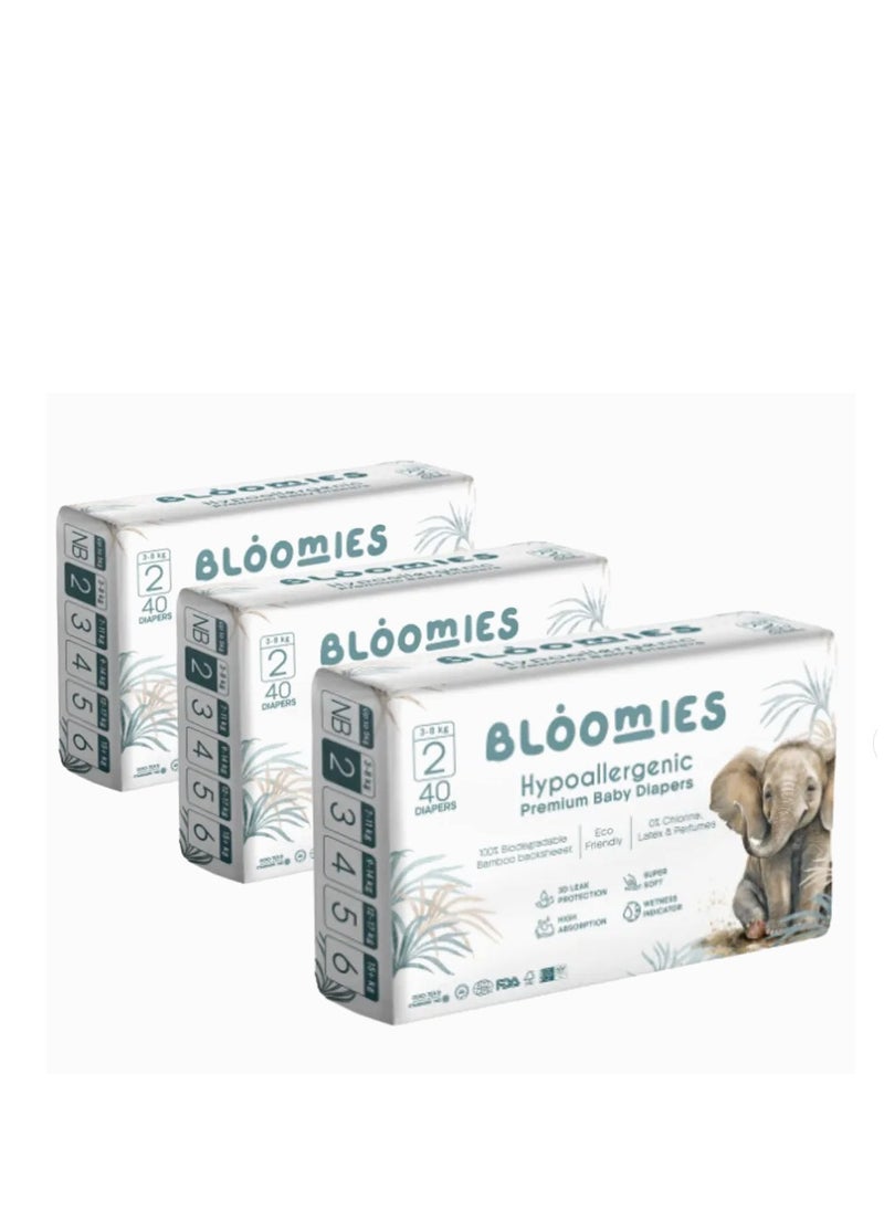 Bloomies - Organic Bamboo Baby Diapers Size 2 (3-8kg baby) 120pcs (40X3) Bundle| Eco-friendly, Hypoallergenic, Non-toxic, Breathable Nappies - Image 1