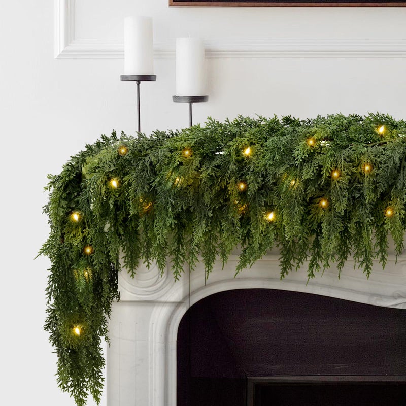 2PCS 9FT Prelit Christmas Cedar Garland with 100 Lights Full 240 Pine Branches Realistic Garland Artificial Greenery for FireplaceWall Indoor Outdoor Decorations