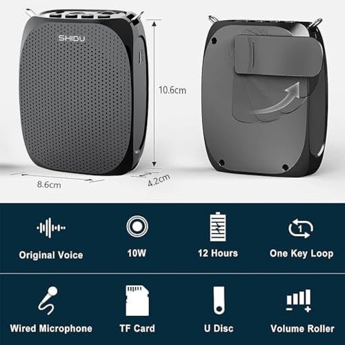 SHIDU S258 Upgraded Portable Rechargeable Voice Amplifier with Wired Neckband Microphone, Supports AUX, USB, & Micro-SD Card Input for Teachers, Tour Guides with Type C Charging Cable|Black - Image 5