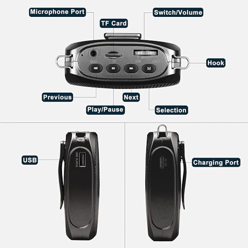 SHIDU S258 Upgraded Portable Rechargeable Voice Amplifier with Wired Neckband Microphone, Supports AUX, USB, & Micro-SD Card Input for Teachers, Tour Guides with Type C Charging Cable|Black - Image 4