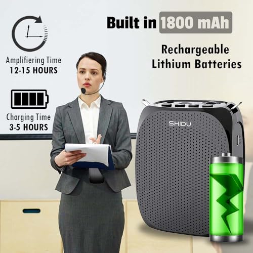 SHIDU S258 Upgraded Portable Rechargeable Voice Amplifier with Wired Neckband Microphone, Supports AUX, USB, & Micro-SD Card Input for Teachers, Tour Guides with Type C Charging Cable|Black - Image 2