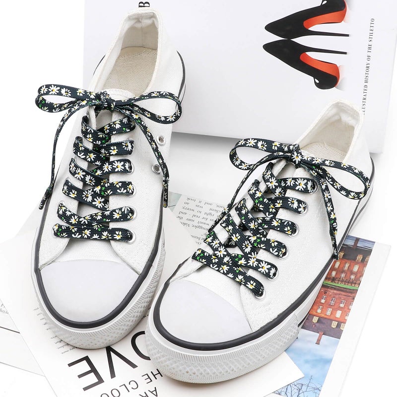 DANHUA Colored Printed Flat Shoelaces: 2 Pair Black White Flowers Patterned Shoe Laces for Sneakers 63 inch - Image 4