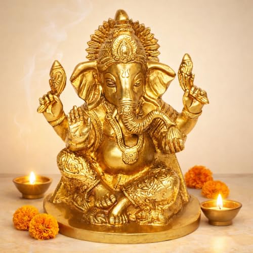 Kartique Brass Ganesh Bhagwan Idol Ganesha Statue Ganpati Murti for Home Entrance Decor Diwali Gift Height 7 Inch Gold Color - Image 1
