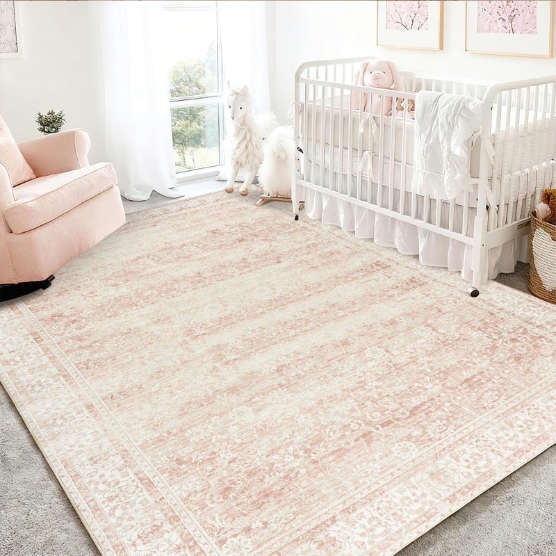 BILEEHOME Pink Nursery Rug for Baby Girl 5 x 7 Neutral Blush Pink Boho Cute Floral Foldable Machine Washable Low Pile Soft Surface Carpet Area Rugs for Living Room Bedroom Dorm Kids Playroom,5x7 - Image 1