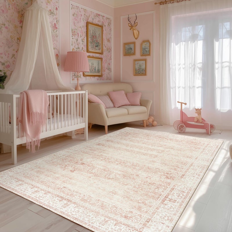 BILEEHOME Pink Nursery Rug for Baby Girl 5 x 7 Neutral Blush Pink Boho Cute Floral Foldable Machine Washable Low Pile Soft Surface Carpet Area Rugs for Living Room Bedroom Dorm Kids Playroom,5x7 - Image 2