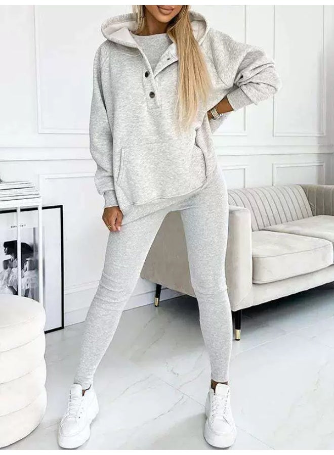 general Women's solid-color loose-fitting hooded sports casual pullover hoodie with strap and fitted pants three-piece set - Image 1