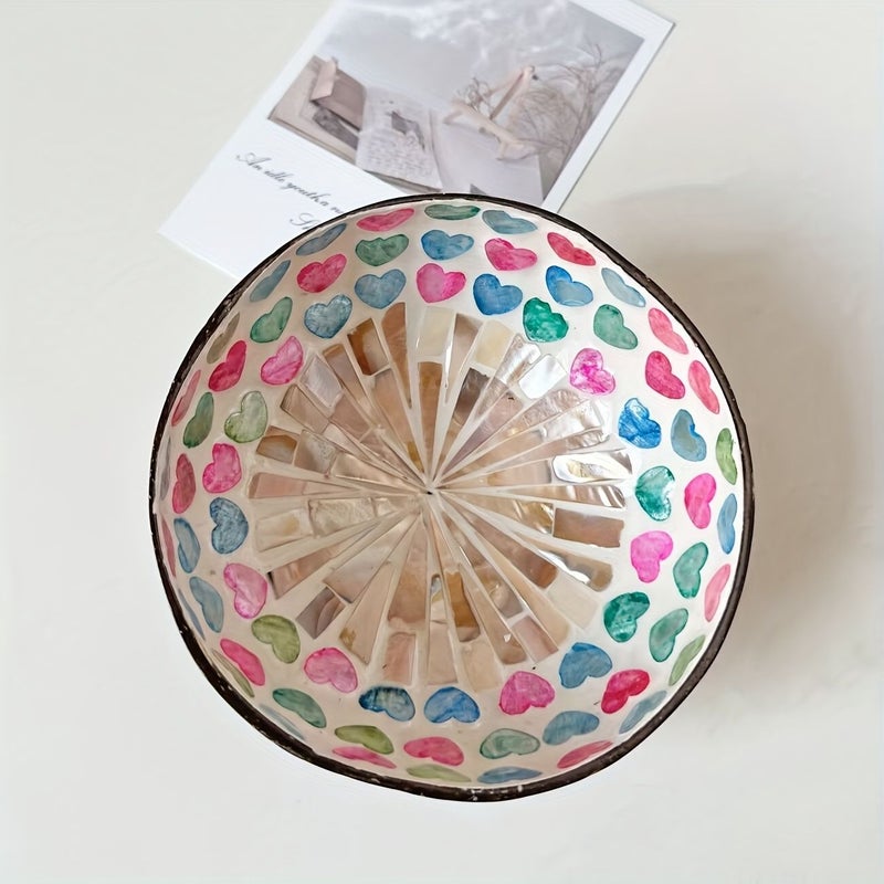 Handcrafted Natural Coconut Shell Bowl Pink Butterfly Inlaid Mosaic Rim Bohemian Style Salad Dessert Home Decor - Image 2