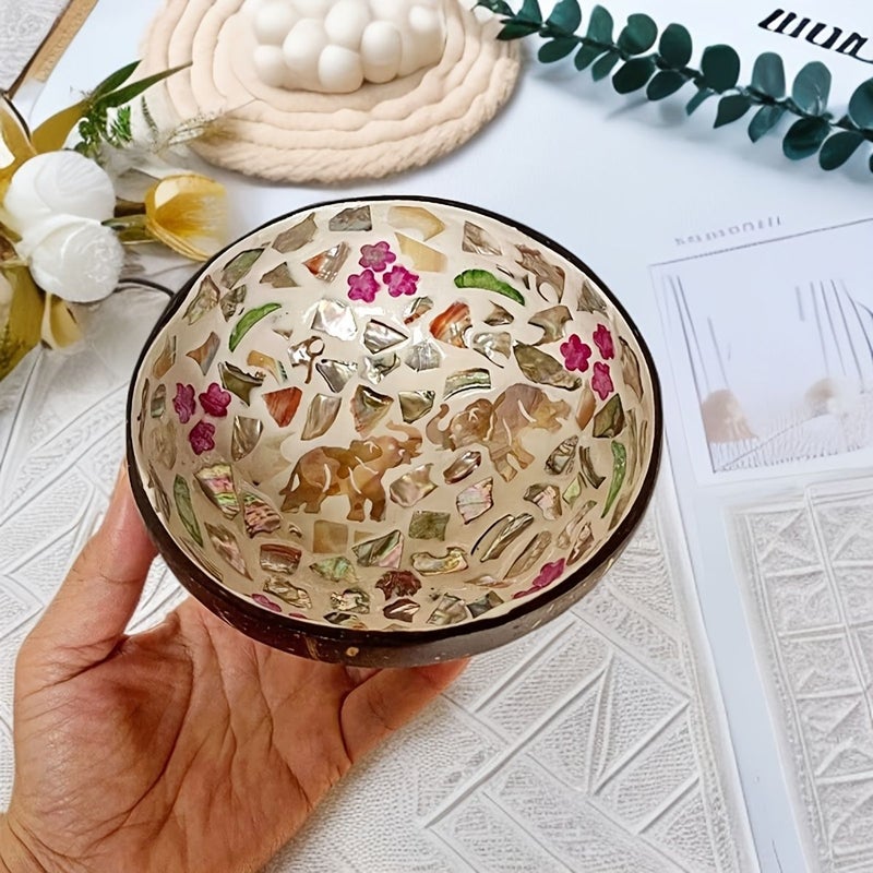 Handcrafted Natural Coconut Shell Bowl Pink Butterfly Inlaid Mosaic Rim Bohemian Style Salad Dessert Home Decor - Image 4