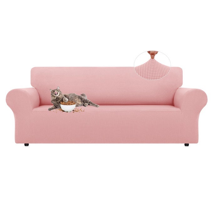 STRETCH SOFA SLIPCOVERS 1 PIECE COUCH COVERS FOR 3 CUSHION COUCH SOFA FURNITURE PROTECTOR FULL SOFA COVERS WITH ELASTIC BOTTOM FOR KIDS AND DOG LARGE PINK