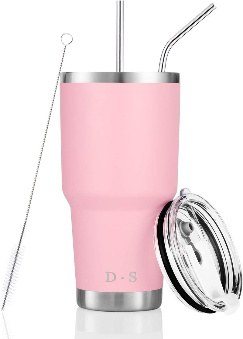 DS 30 oz Pink Tumbler Stainless Steel Double Wall Vacuum Insulated Mug with Straw and Lid Cleaning Brush for Cold and Hot Beverages 30oz Pink