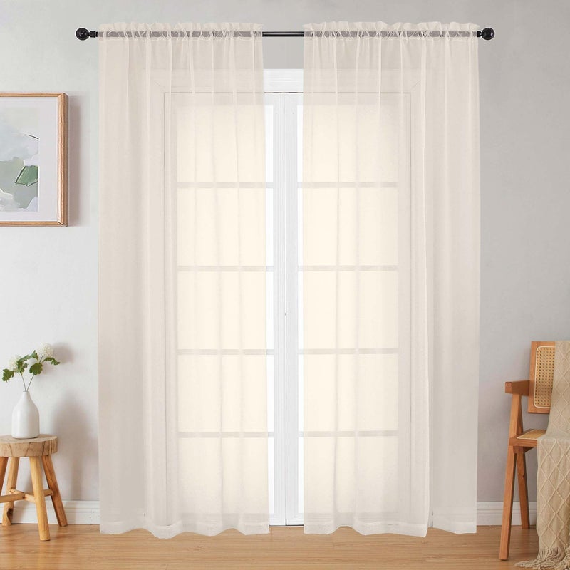 WelvetBLK Cream Sheer Curtains 84 Inches Long 2 Panels Set for Bedroom Living Room, Soft Airy Light Filtering Modern Solid Rod Pocket Drapes Window Treatments, Cream, Each 42" W x 84" L - Image 1