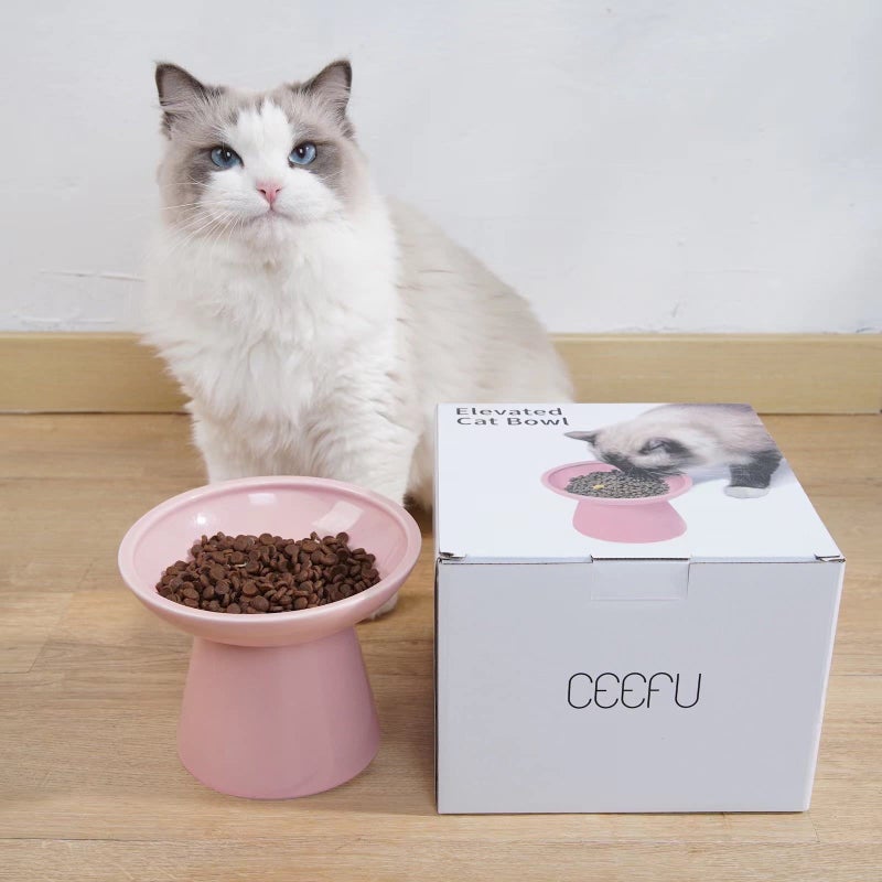 CEEFU Extra Wide Elevated Ceramic Cat Food Bowl - 6.2" Shallow Dish for Whisker Fatigue Relief, 5" Height for Easy Feeding, Lead & Cadmium Free, Durable Raised Cat Food Bowls, Pink - Image 5