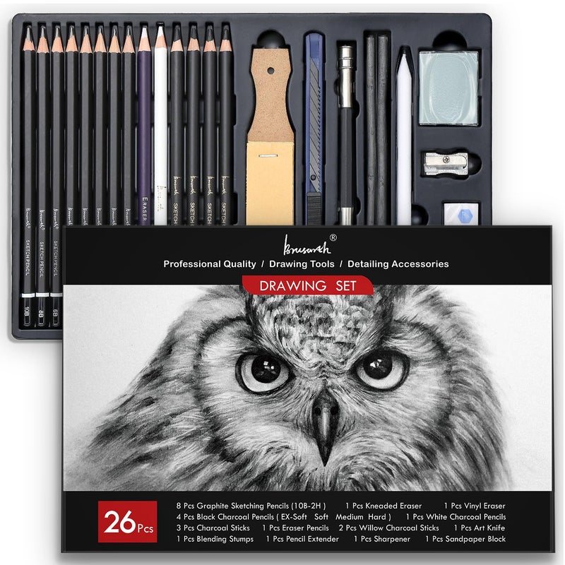 Brusarth Charcoal Pencils for Drawing Set of 26 Professional Drawing Sketch Pencils Art Supplies for Sketching Shading Blending Artist Pencils for Beginners Pro Artists