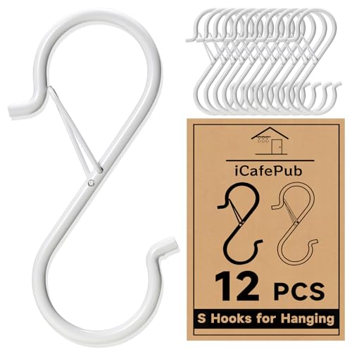 iCafePub 12 PCS S Hooks for Hanging with Safety Buckle, 3.5 inch Heavy Duty Metal S Shaped Hooks Stainless Steel for Hanging Kitchen Utensil, Cups, Pots, Plants, Bags, Hats (White) - Image 1