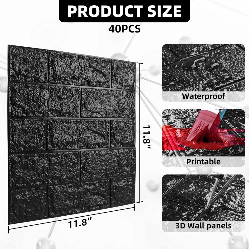 Umedol 40 PCS 3D Wall Panels Peel and Stick Faux Foam 11.8"*11.8" Black Brick Wallpaper for Walls 3D Wall Tiles Faux Brick Paneling Self-Adhesive Wallpaper for DIY Interior Wall Decor - Image 2