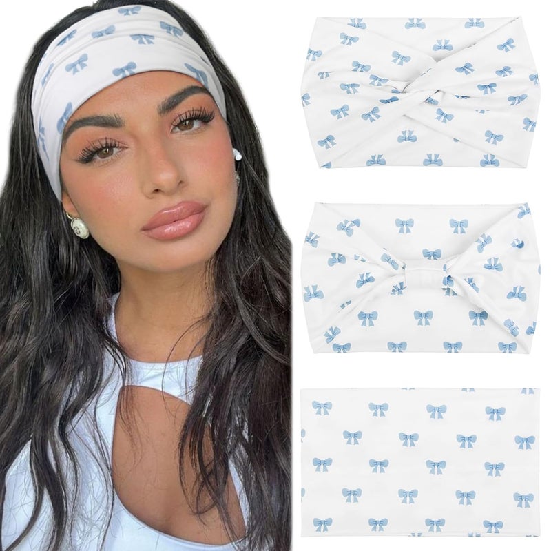 Tobeffect 3 Pcs Extra Wide Bows Headbands for Women Fashion Cute Turban Head Band for Women Non Slip Knotted Trendy Thick Sport Headband for Workout Yoga Hair Accessories
