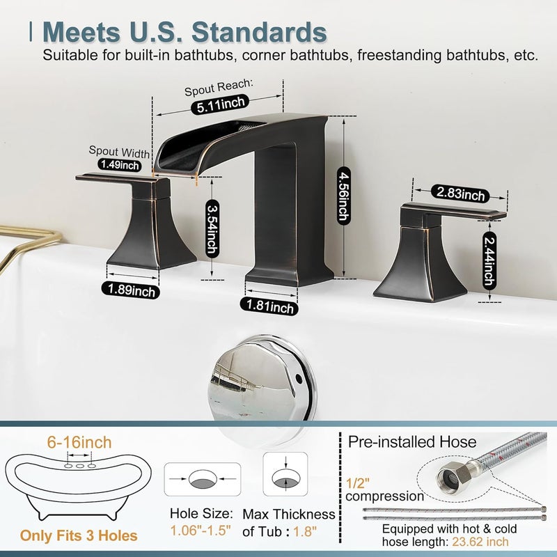 HEYMYTAP Waterfall Roman Tub Faucet, Solid Brass Oil Rubbed Bronze Bathtub Faucet, High Flow Deck Mount Tub Faucet Set, 3 Hole Widespread Bathtub Faucets with 2 Handles No Leaks 15 Mins to Install - Image 5