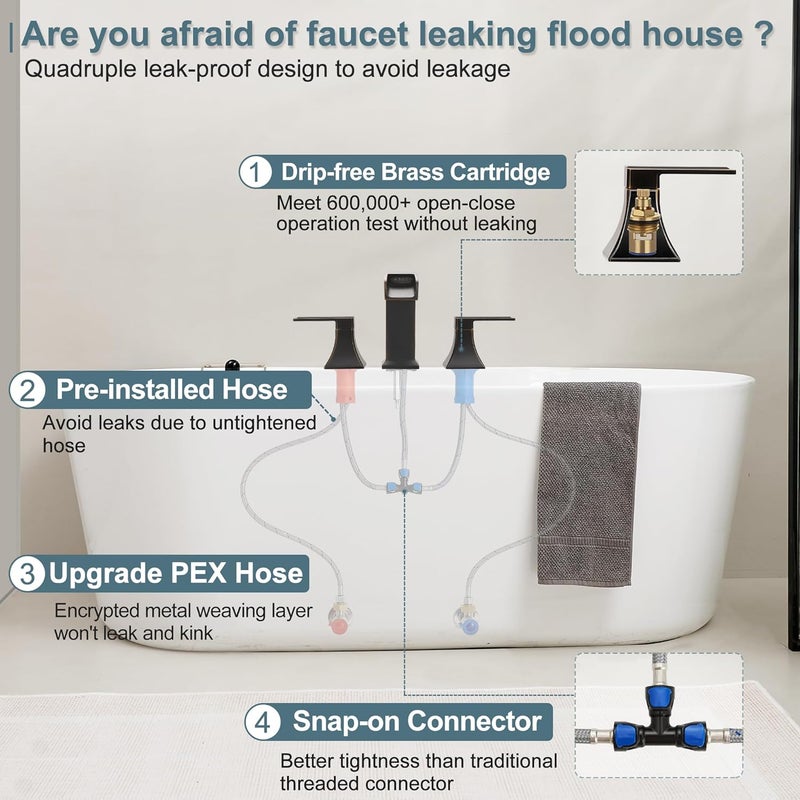 HEYMYTAP Waterfall Roman Tub Faucet, Solid Brass Oil Rubbed Bronze Bathtub Faucet, High Flow Deck Mount Tub Faucet Set, 3 Hole Widespread Bathtub Faucets with 2 Handles No Leaks 15 Mins to Install - Image 4