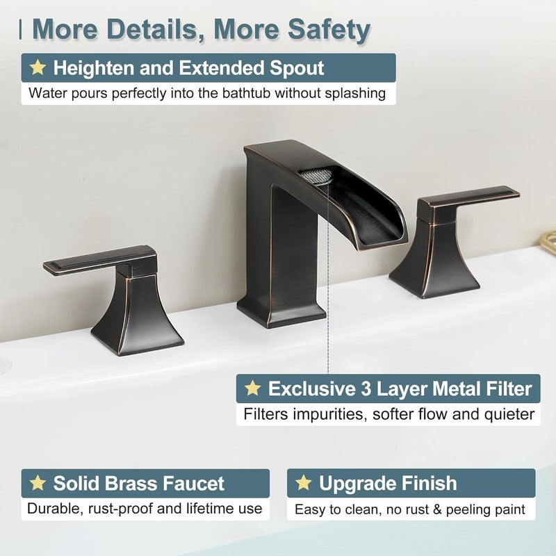 HEYMYTAP Waterfall Roman Tub Faucet, Solid Brass Oil Rubbed Bronze Bathtub Faucet, High Flow Deck Mount Tub Faucet Set, 3 Hole Widespread Bathtub Faucets with 2 Handles No Leaks 15 Mins to Install - Image 3