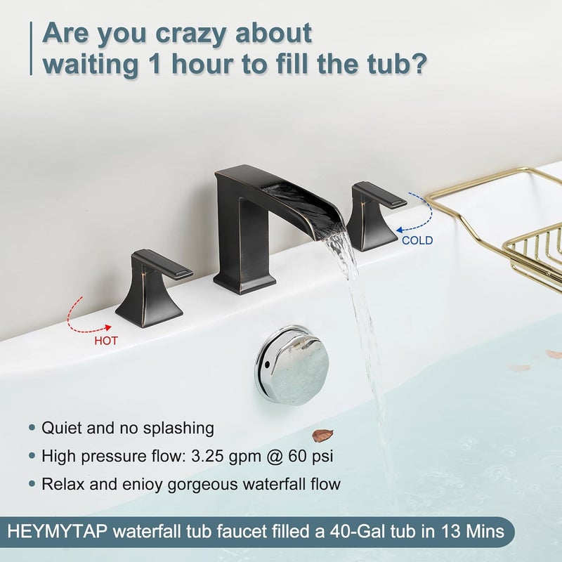 HEYMYTAP Waterfall Roman Tub Faucet, Solid Brass Oil Rubbed Bronze Bathtub Faucet, High Flow Deck Mount Tub Faucet Set, 3 Hole Widespread Bathtub Faucets with 2 Handles No Leaks 15 Mins to Install - Image 2