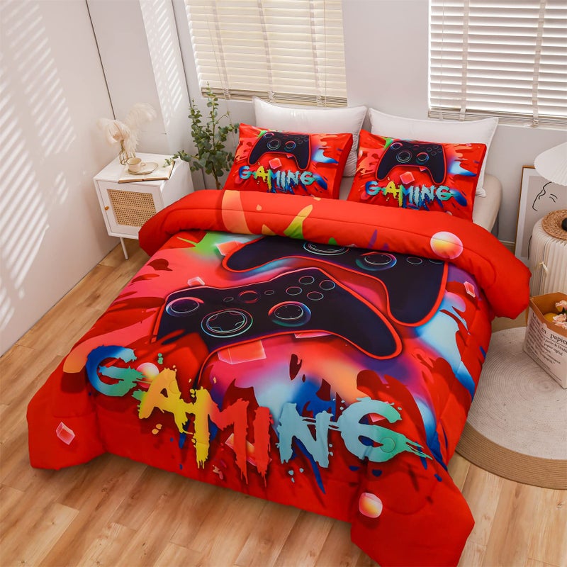 Aimuan Gaming Comforter Sets for Boys Kids Bedding Sets Video Games Console Action Buttons Novelty Colorful Game Gamepad Controller Modern Gamer Room Decor Home Quilt Set (Twin, Red) - Image 2